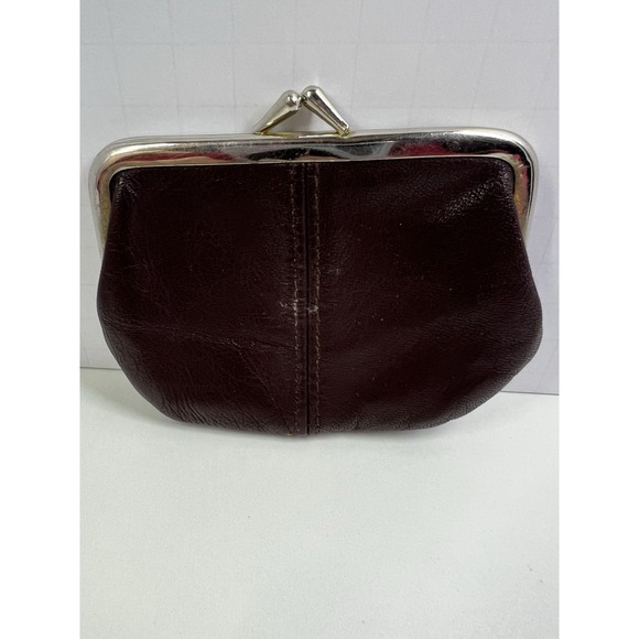 Vintage Brown Leather Kiss Lock Coin Purse Clutch Silver Frame 80s 90s - Picture 3 of 8
